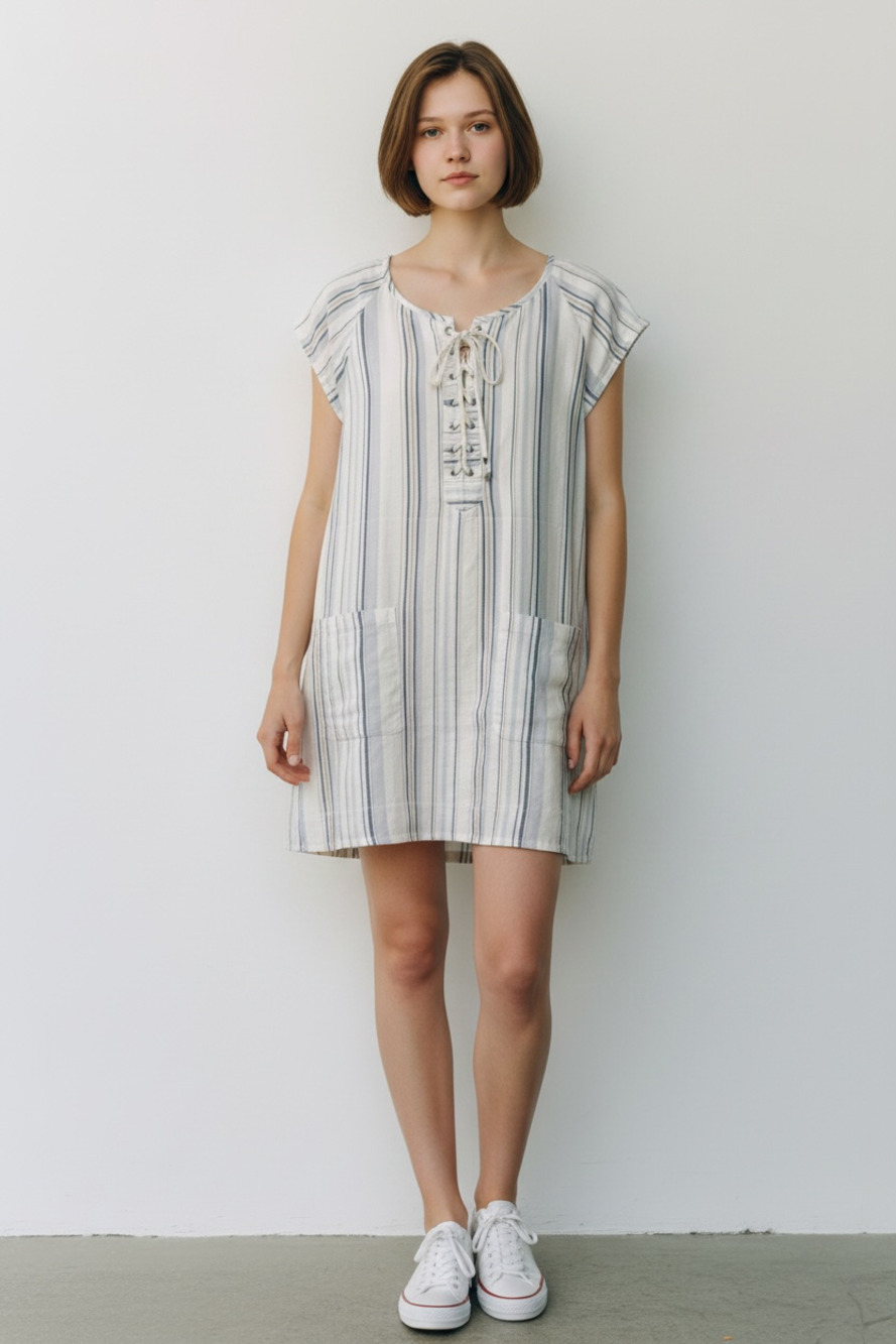 Velvet by Graham & Spencer White and Blue Stripe Lace-Up Sleeveless Dress